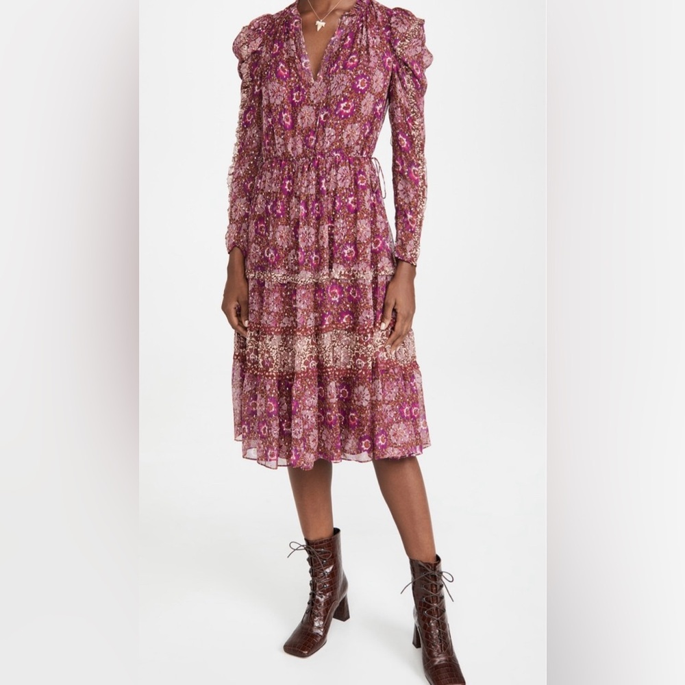 ULLA JOHNSON Alessandra Silk Ruffle Lightweight Lined Puff Sleeves Midi Dress 2